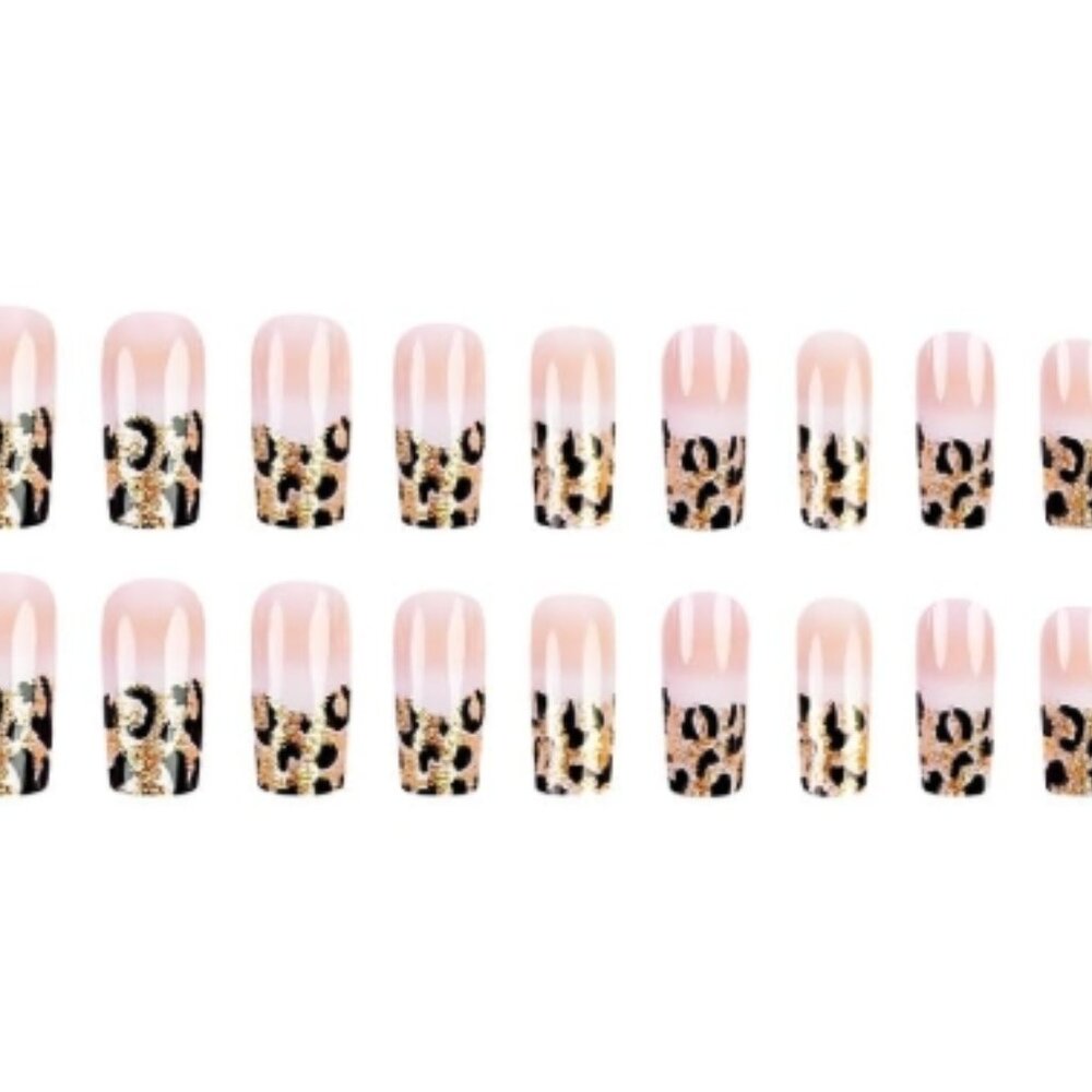Leopard Press on Nails Gold Glitter Fake Nails Medium Square False Nails NEW - Picture 2 of 4